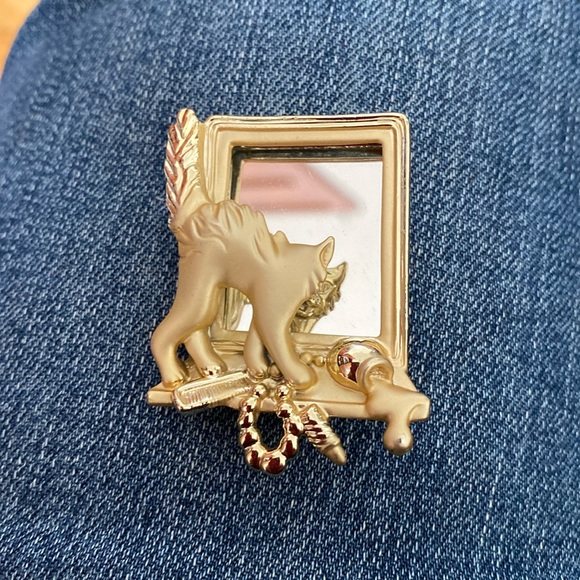 Cat admiring themself in a mirror brooch - Picture 1 of 4